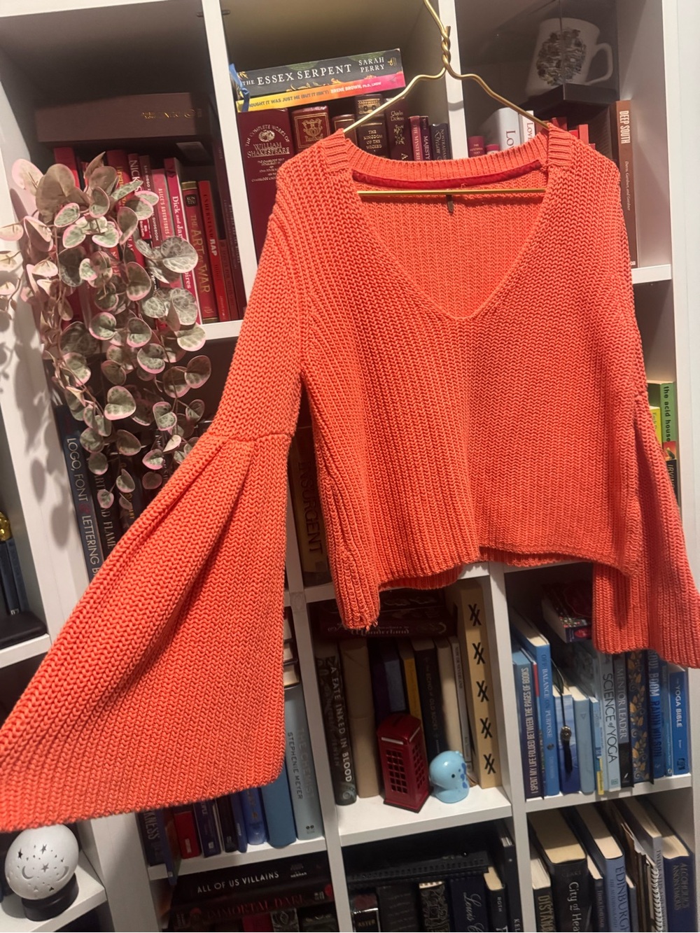 Free People Orange V-Neck Bell Sleeve Knit Sweater